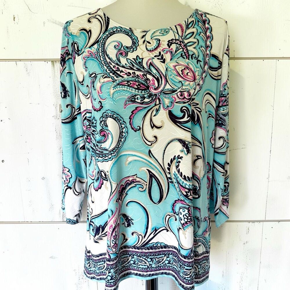 JM Collection Size XL Blue Paisley Stretch 3/4 Length Sleeve Top Blouse Shirt